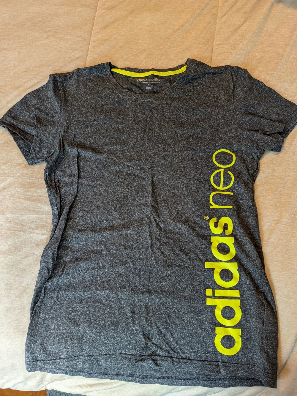 adidas Neo Heather Dark Gray Crewneck Tee with Yellow Trim - Picture 2 of 4